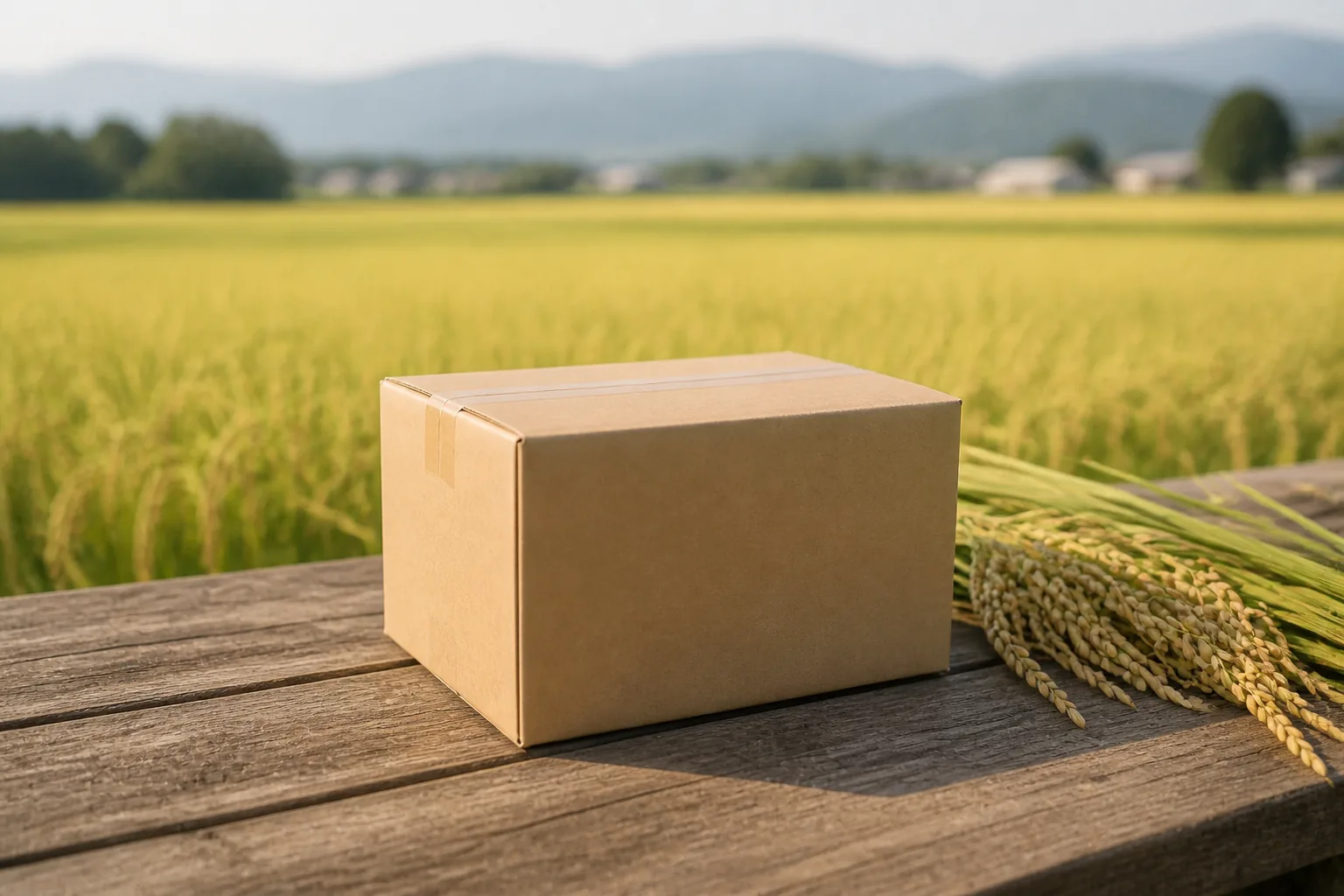 田んぼを背景にした穂のかおりの配送箱