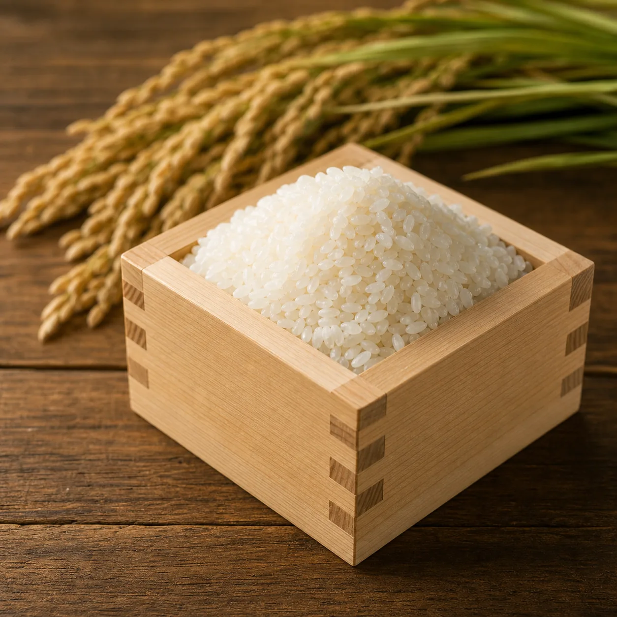 木の枡に盛られた精米したてのお米
