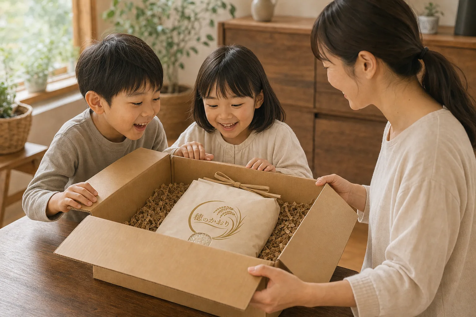 定期便の箱を開けて喜ぶ家族